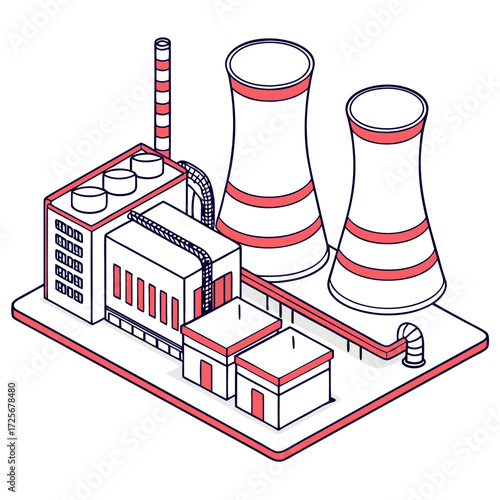 Isometric illustration of a modern industrial power plant with cooling towers and smokestack on a white background