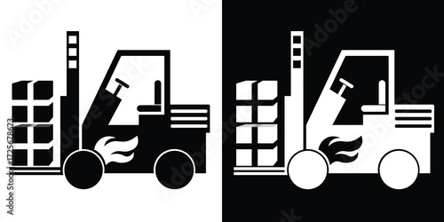 Black and white image of a forklift with a flame design on the side.