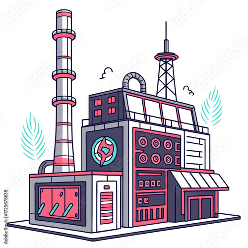 Modern industrial factory building with a tall smokestack and communication tower in a stylized illustration