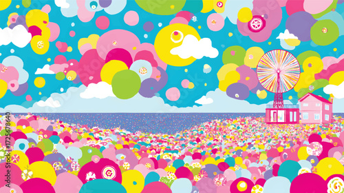 A vibrant, colorful landscape featuring large circles in various shades of pink, yellow, and blue, with a whimsical house and a ferris wheel near the ocean