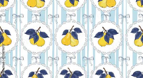 Delightful pear and bow seamless pattern, perfect for elegant kitchen textiles or charming gift wrap with a vintage flair and a touch of whimsical fruit
