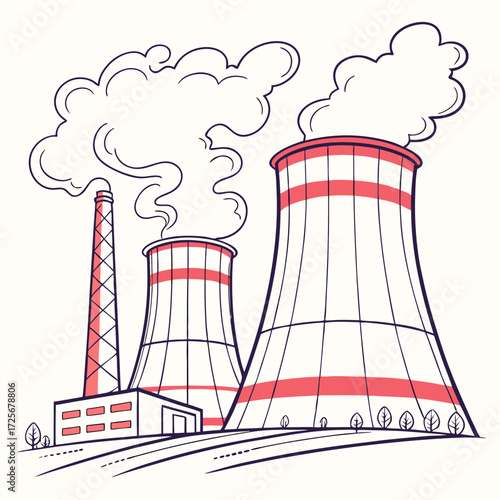 Stylized illustration of a power plant with cooling towers emitting steam and a tall smokestack against a light background