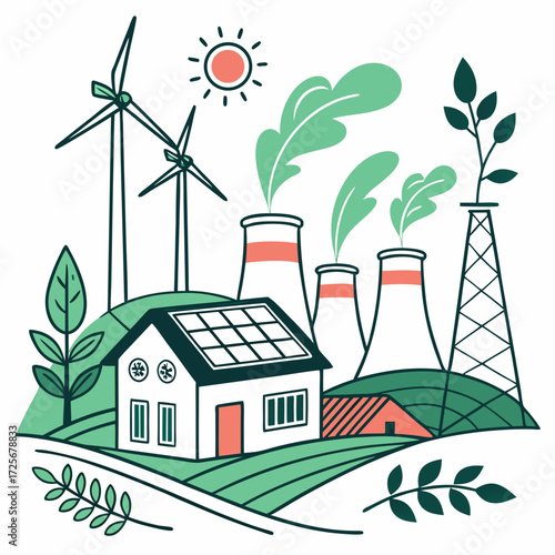 Sustainable energy sources powering a community with wind turbines solar panels and clean power plants