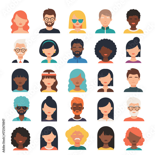 A diverse collection of colorful flat avatars representing people from various backgrounds and ethnicities.