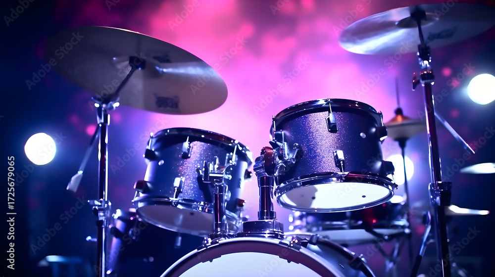 Obraz premium A drum set with a purple and black drum kit on a stage with a purple and pink background, illuminated by stage lights.