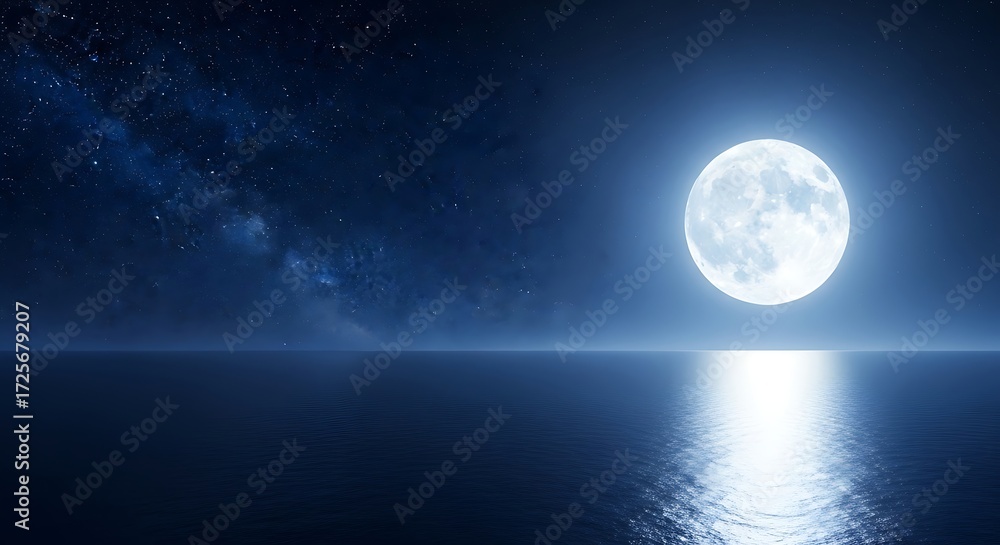 Obraz premium Experience the serene beauty of a full moon shimmering over a calm ocean under a starry night sky