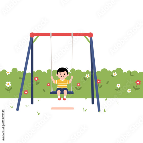 A happy boy enjoys swinging on a playground swing set surrounded by colorful flowers and green bushes.