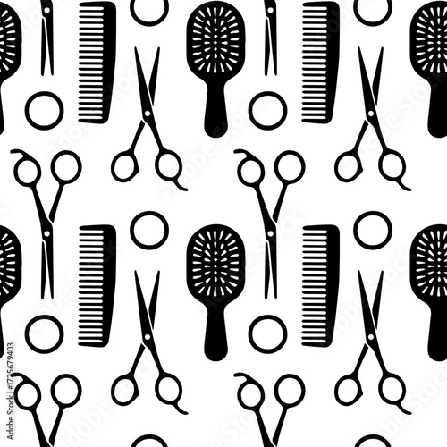 Seamless pattern with hairdressing accessories, hairdryer, curling iron, scissors, combs, hair clips, hair ties. Vector illustration, black and white design, repeating background