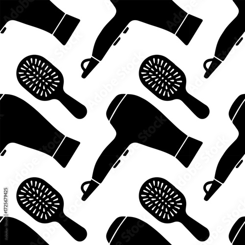 Seamless pattern with hairdressing accessories, hairdryer, curling iron, scissors, combs, hair clips, hair ties. Vector illustration, black and white design, repeating background