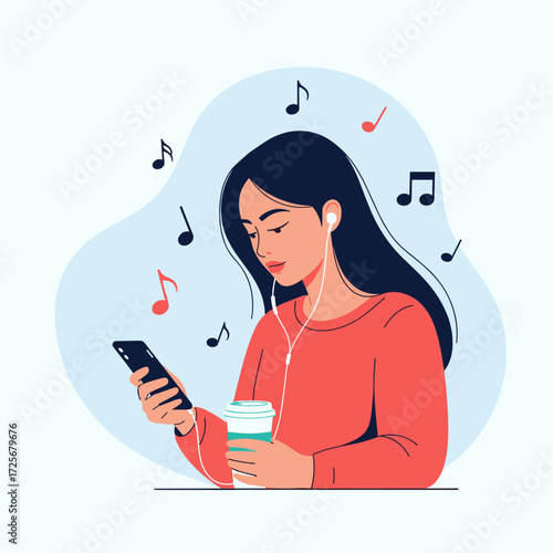 Young woman listening to music on her phone while holding a coffee cup.