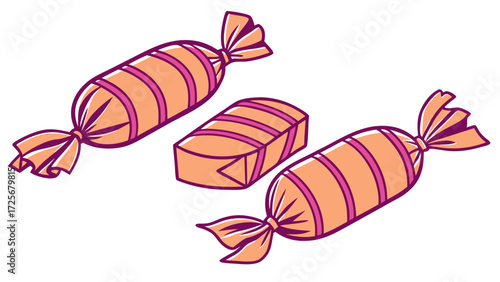 Three wrapped candies with orange and pink stripes