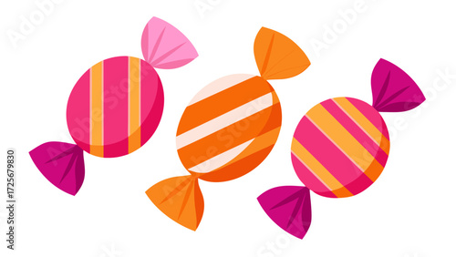 Three colorful striped wrapped candies on a white background