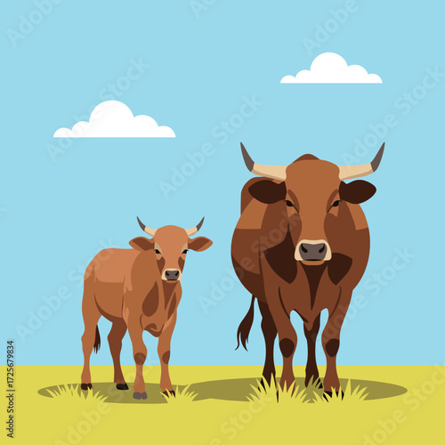 A mother cow and her young calf stand in a grassy field under a blue sky with clouds.
