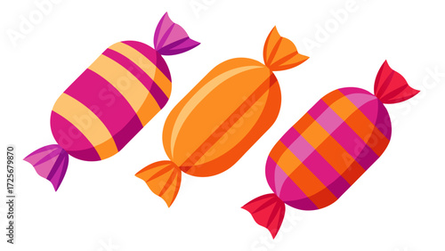 Three colorful wrapped candies in a row