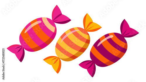 Three brightly wrapped candies with colorful stripes