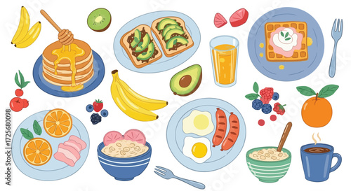 Vibrant collection of delicious breakfast foods and fruits bursting with flavor and color, perfect for culinary inspiration and healthy eating promotion.