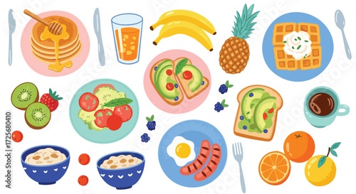 Vibrant collection of delicious breakfast foods and fruits creates a cheerful and appetizing scene perfect for healthy eating inspiration and culinary projects