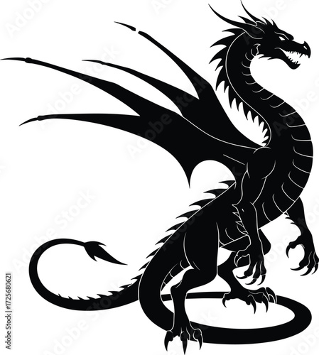 Majestic standing dragon silhouette illustration, fantasy mythical creature artwork, black winged dragon vector, legendary beast design