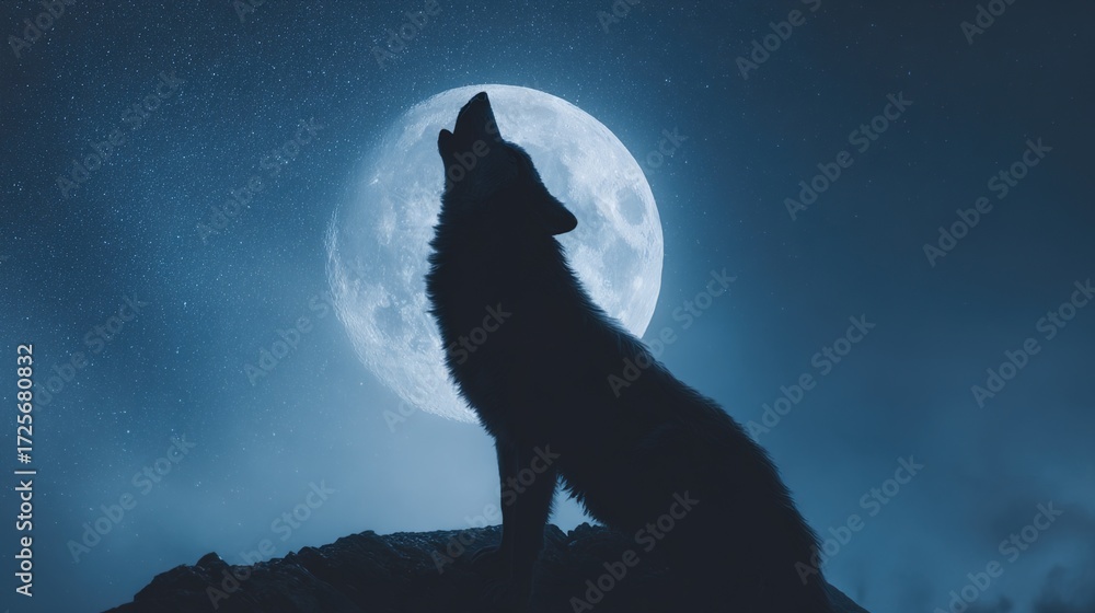 Fototapeta howling. A wolf howling under a starry night sky, embodying wild and dramatic nature. wildlife magazines, conservation campaigns, designed for wildlife conservation campaigns.