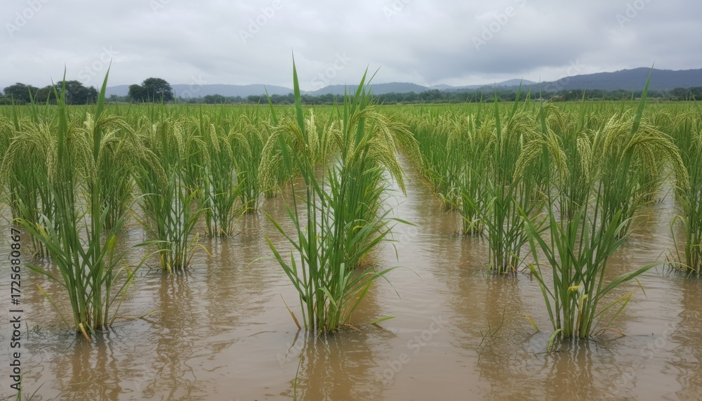 Obraz premium Medium shot of floodresistant crop varieties standing strong in waterlogged fields demonstrating adaptability to heavy rainfall conditions.