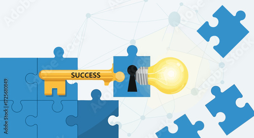 Illustration of a success key unlocking an idea represented by a lightbulb within a puzzle