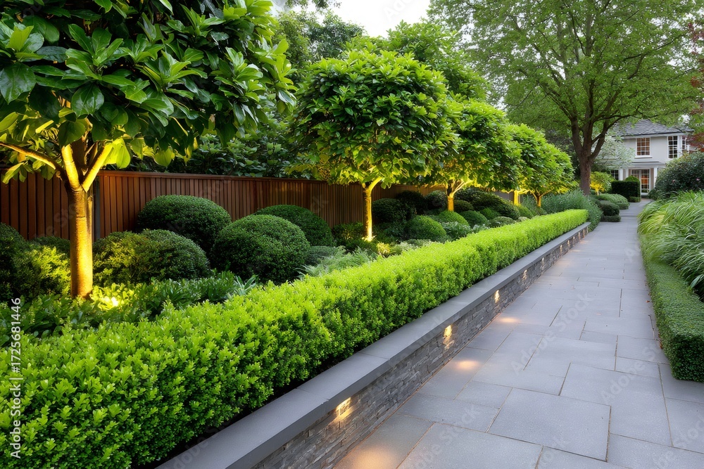 Obraz premium Modern garden landscaping with illuminated pathway and manicured hedges