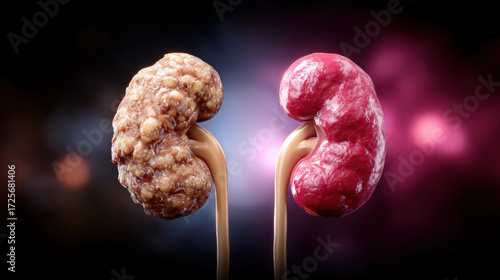 Conceptual comparison of healthy human kidney against one afflicted with painful kidney stone disease. serious medical illustration showing chronic urology condition