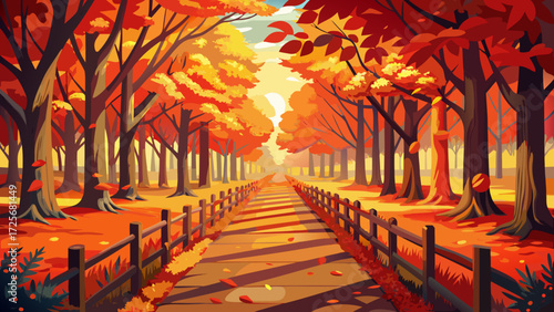 Vibrant autumn path lined with fiery trees and falling leaves