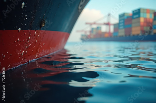 Close up cargo ship hull water reflection shipping container vessel port background industrial transport maritime sunrise calm logistics global trade