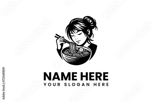 Elegant Woman Enjoying Noodles with Chopsticks in a Bowl Logo.