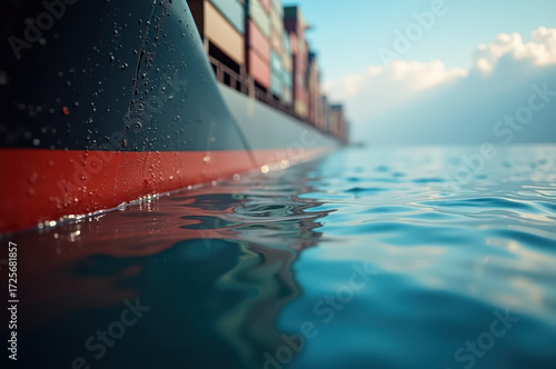 Large cargo ship with colorful container close up of hull and water maritime transport shipping industry calm sea sunny day global trade peaceful atmosphere