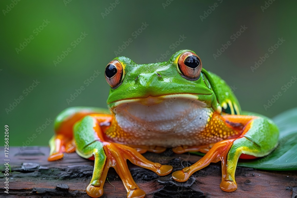 Fototapeta premium Green tree frog perched on wood branch