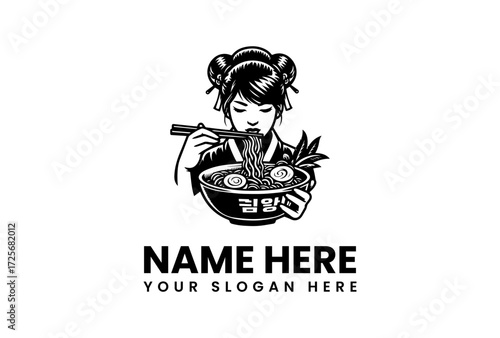 Elegant Woman Enjoying Ramen Holding Chopsticks with Bowl and Text.