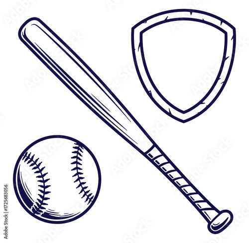 Baseball bat ball and shield vector illustration sporting goods equipment emblem logo design