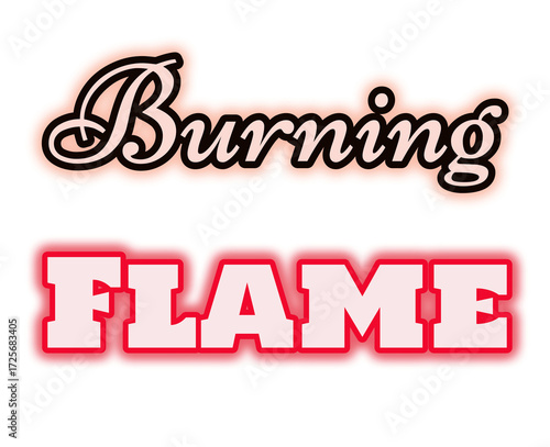 Burning FLAME stylized dual-font lettering with red glow effects, combining elegant cursive and bold block typography for digital art, branding, heat themes, or decorative design projects with intense
