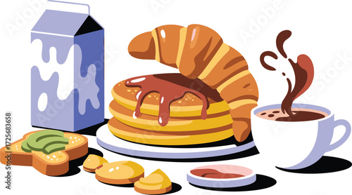 Delicious breakfast with pancakes, croissant, toast, milk carton, cookies, and hot coffee cup, sweet morning meal, cozy food illustration