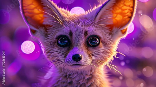 A curious fennec fox gazes into the camera, surrounded by colorful bokeh lights during twilight