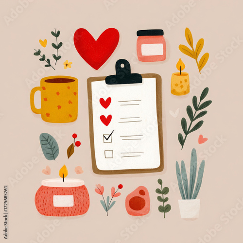 Self care planner with checklist and heart promotes mindfulness and wellbeing, bringing cozy