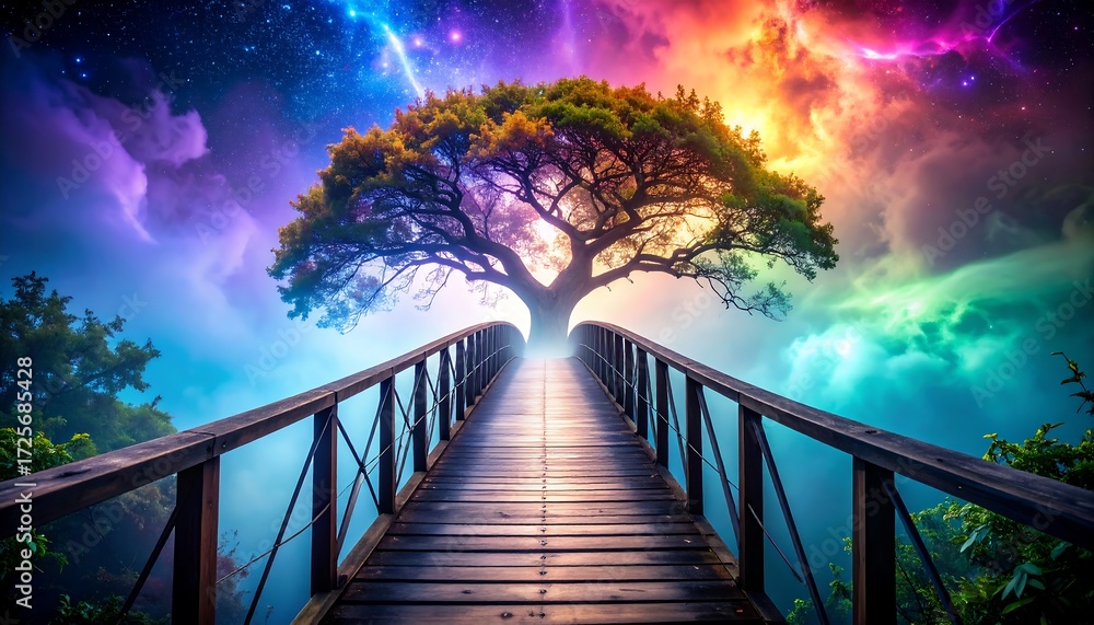 Obraz premium Walking on Wooden Bridge Toward a Magical Tree and Colorful Sky