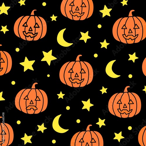 Halloween Pumpkin Seamless Pattern with Black Background, Spooky Holiday Design with Stars and Moon