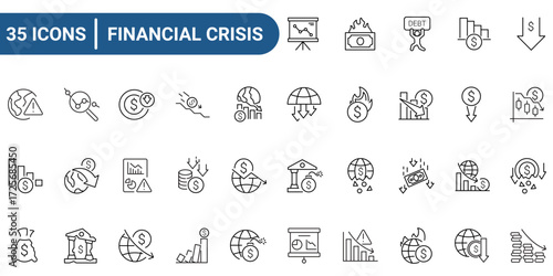 Set of 35 outline icons related to financial crisis. Linear icon collection. Editable stroke. Vector illustration. pictogram collection.