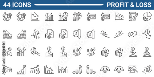 Set of 44 outline icons related to profit and loss. Linear icon collection. Editable stroke. Vector illustration. pictogram collection.