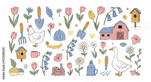 Charming farmyard scene bursting with colorful tulips, daisies, bluebells, a white chicken, a goose, and gardening tools for a delightful rural aesthetic.