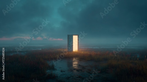A door standing alone in the middle of a field, glowing and slightly ajar