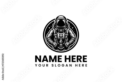 Intricate Black and White Astronaut Logo with Stellar Background and Text.