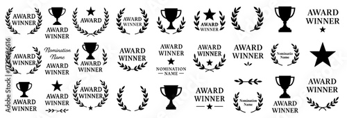 Set of black award winner icons including trophies, laurel wreaths, stars, and nomination badges in flat vector style for certificates and recognition designs. Black Laurel and Trophy Vector