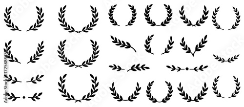 Collection of black laurel wreaths and leaf branches in various minimalist styles used for awards, badges, logos, and certificates. Minimalist Award and Victory Laurel Elements
