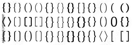 Set of vector bracket icons including curly braces, square brackets, angle brackets, and parentheses in various styles for coding, design, and typography use. Flat Vector Brackets in Various Styles