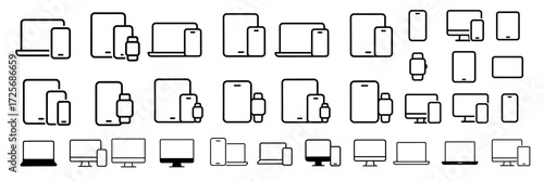 Set of line icons showing smartphones, tablets, laptops, desktop monitors, and smartwatches in various responsive device combinations for UI and tech design. Minimalist Tech Gadget Icon Pack