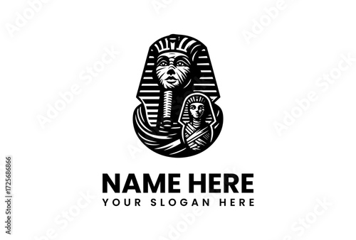 Intricate Egyptian Pharaoh Portrait with Nested Smaller Figure Bold Design.